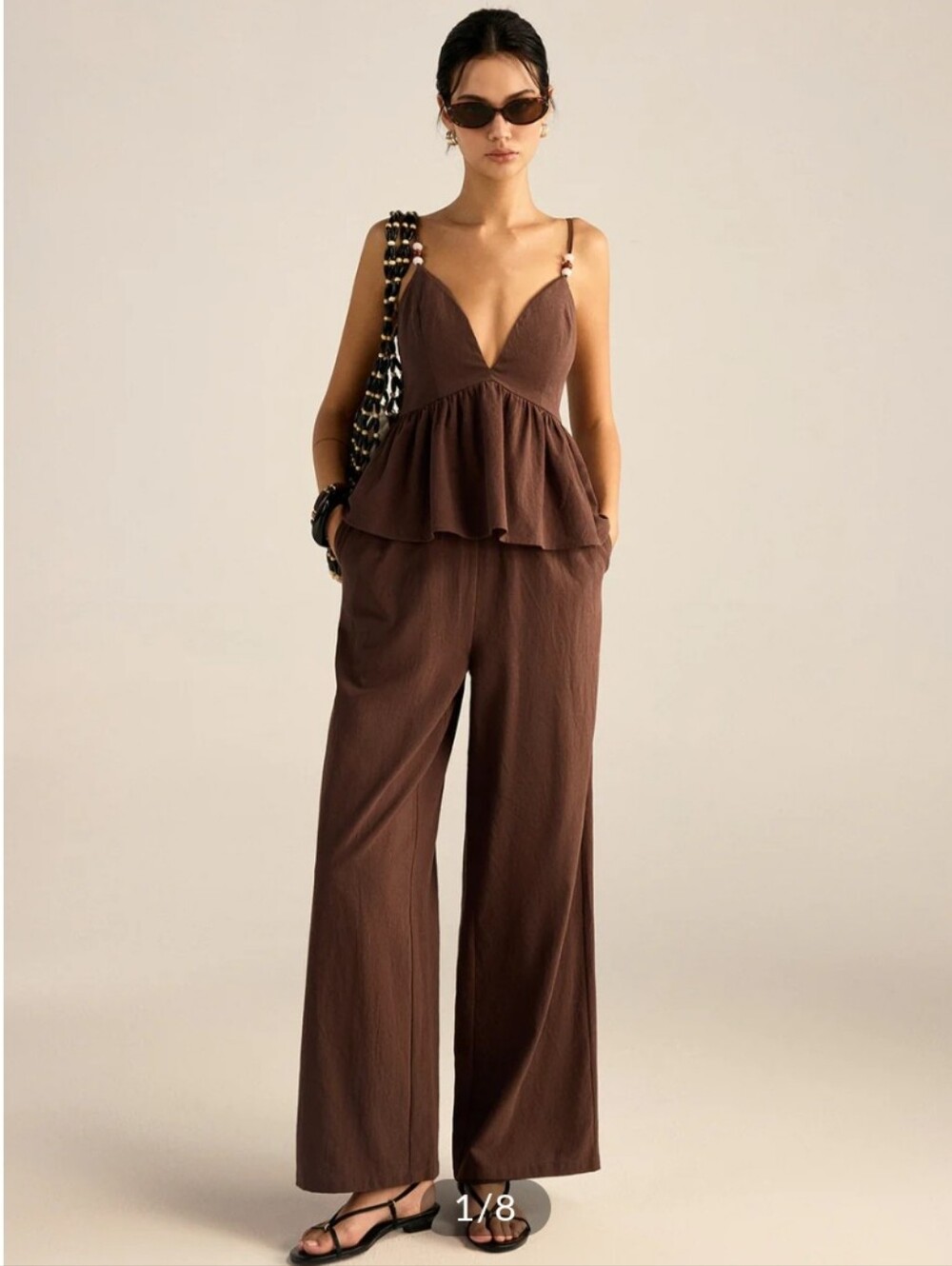 Cotton Peplum Beaded Straps Top and Pants Set